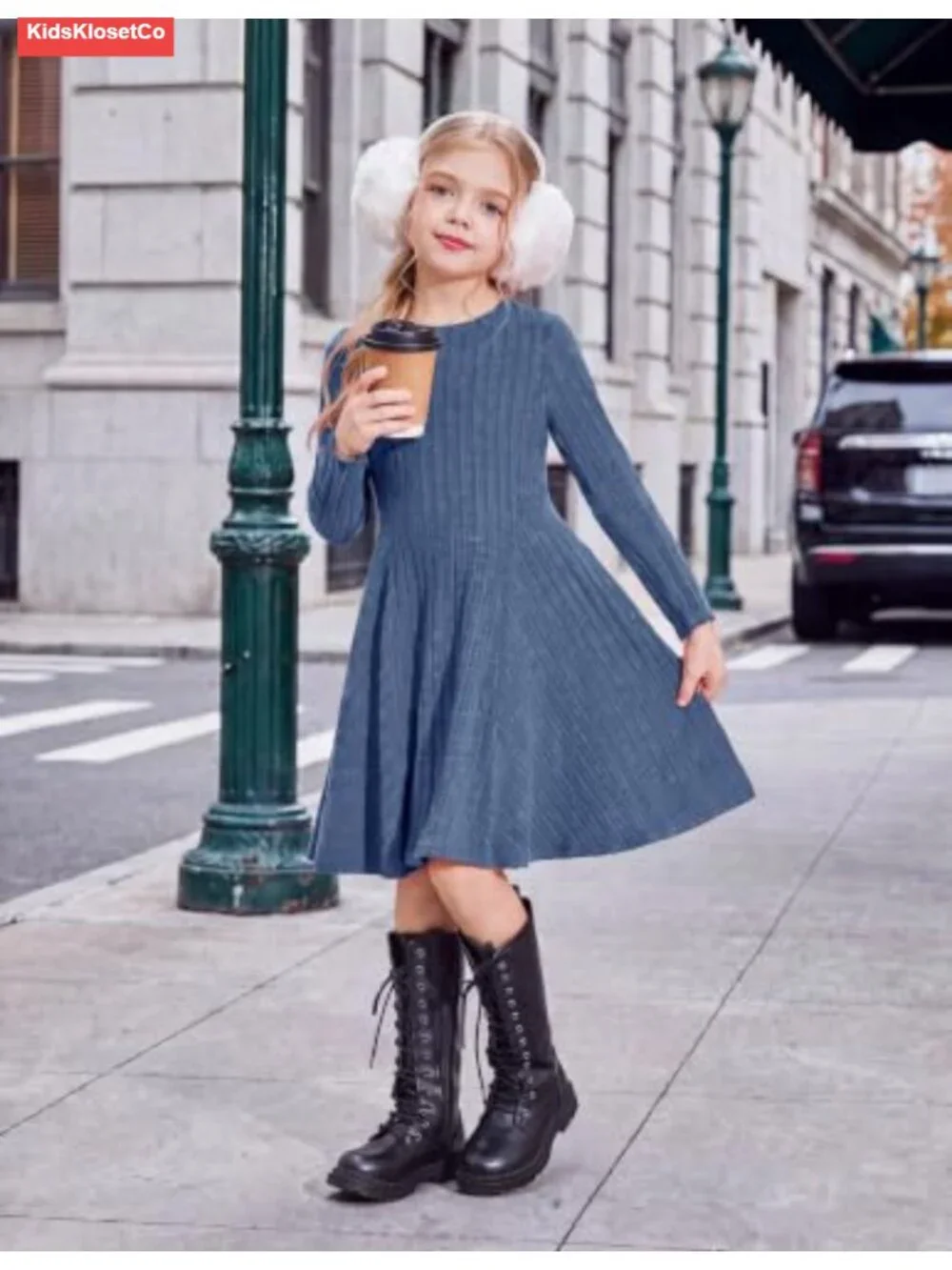 Girls Ribbed Knit Sweater Dress Long Sleeve A-Line Casual Fall Winter
